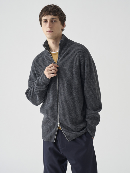 ［Eco Cashmere］カシミヤ混 フルジップスタンドネック長袖ドライバーズニットジャケット | MALLAM | EASY FIT 7G 詳細画像 DARK ASH 5