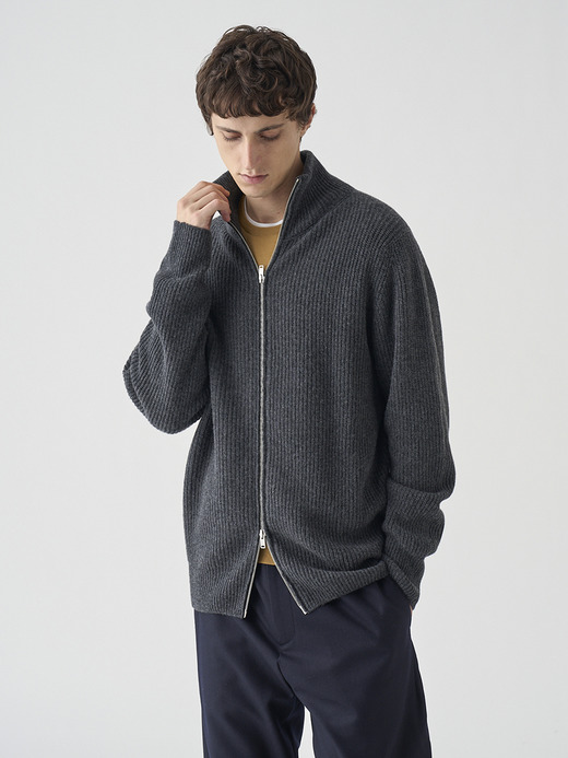 ［Eco Cashmere］カシミヤ混 フルジップスタンドネック長袖ドライバーズニットジャケット | MALLAM | EASY FIT 7G 詳細画像 DARK ASH 6