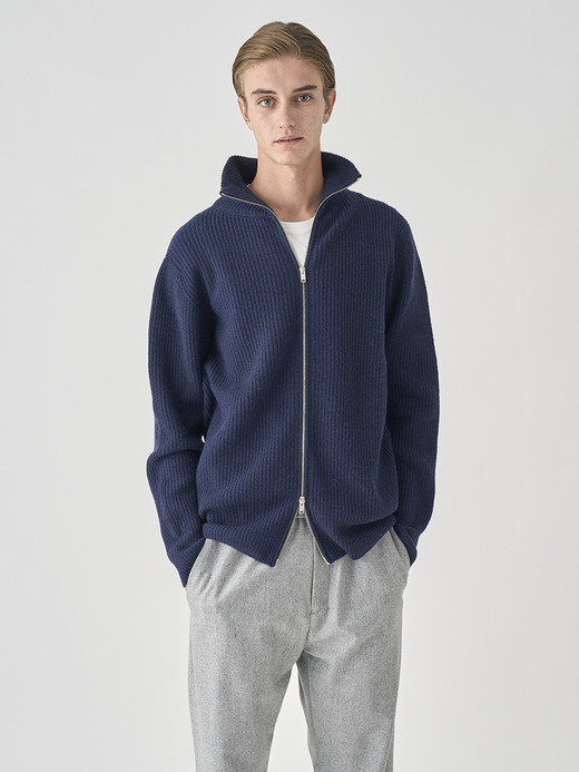 ［Eco Cashmere］カシミヤ混 フルジップスタンドネック長袖ドライバーズニットジャケット | MALLAM | EASY FIT 7G 詳細画像 MIDNIGHT 1