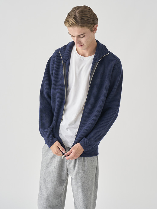 ［Eco Cashmere］カシミヤ混 フルジップスタンドネック長袖ドライバーズニットジャケット | MALLAM | EASY FIT 7G 詳細画像 MIDNIGHT 10
