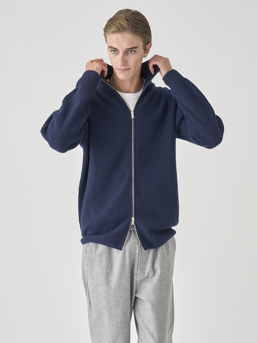 ［Eco Cashmere］カシミヤ混 フルジップスタンドネック長袖ドライバーズニットジャケット | MALLAM | EASY FIT 7G 詳細画像 MIDNIGHT 3