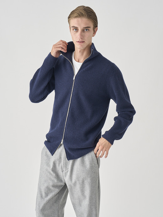 ［Eco Cashmere］カシミヤ混 フルジップスタンドネック長袖ドライバーズニットジャケット | MALLAM | EASY FIT 7G 詳細画像 MIDNIGHT 4