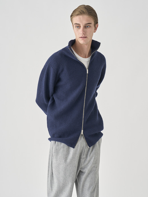 ［Eco Cashmere］カシミヤ混 フルジップスタンドネック長袖ドライバーズニットジャケット | MALLAM | EASY FIT 7G 詳細画像 MIDNIGHT 5