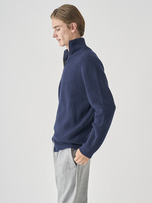 ［Eco Cashmere］カシミヤ混 フルジップスタンドネック長袖ドライバーズニットジャケット | MALLAM | EASY FIT 7G 詳細画像 MIDNIGHT 6