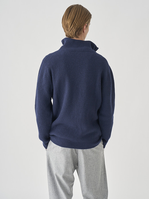 ［Eco Cashmere］カシミヤ混 フルジップスタンドネック長袖ドライバーズニットジャケット | MALLAM | EASY FIT 7G 詳細画像 MIDNIGHT 7