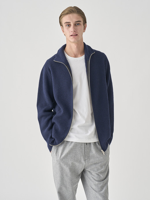 ［Eco Cashmere］カシミヤ混 フルジップスタンドネック長袖ドライバーズニットジャケット | MALLAM | EASY FIT 7G 詳細画像 MIDNIGHT 8