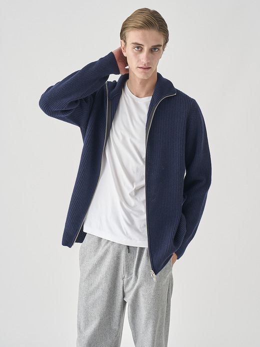 ［Eco Cashmere］カシミヤ混 フルジップスタンドネック長袖ドライバーズニットジャケット | MALLAM | EASY FIT 7G 詳細画像 MIDNIGHT 9