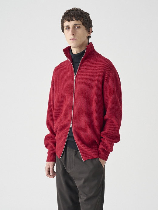 ［Eco Cashmere］カシミヤ混 フルジップスタンドネック長袖ドライバーズニットジャケット | MALLAM | EASY FIT 7G 詳細画像 VERMILLION 1