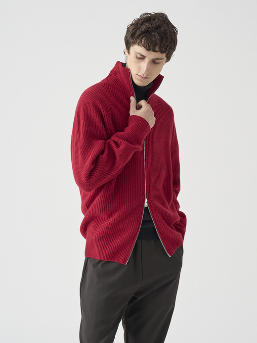 ［Eco Cashmere］カシミヤ混 フルジップスタンドネック長袖ドライバーズニットジャケット | MALLAM | EASY FIT 7G 詳細画像 VERMILLION 3