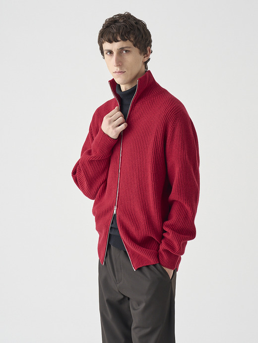 ［Eco Cashmere］カシミヤ混 フルジップスタンドネック長袖ドライバーズニットジャケット | MALLAM | EASY FIT 7G 詳細画像 VERMILLION 4
