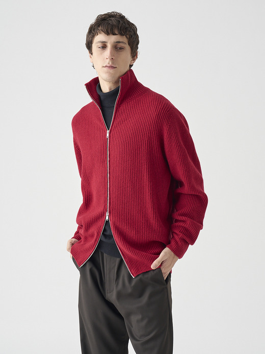 ［Eco Cashmere］カシミヤ混 フルジップスタンドネック長袖ドライバーズニットジャケット | MALLAM | EASY FIT 7G 詳細画像 VERMILLION 6