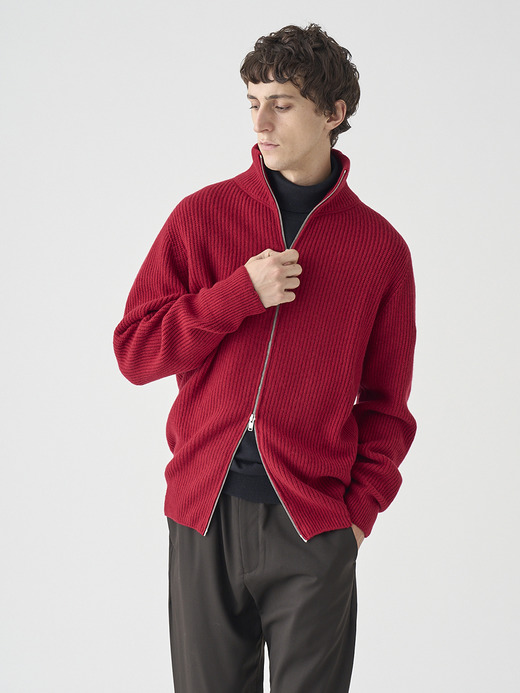 ［Eco Cashmere］カシミヤ混 フルジップスタンドネック長袖ドライバーズニットジャケット | MALLAM | EASY FIT 7G 詳細画像 VERMILLION 7