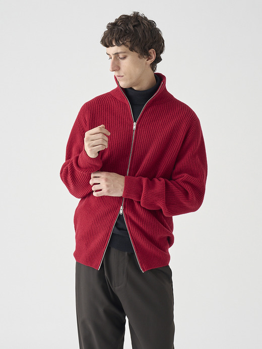 ［Eco Cashmere］カシミヤ混 フルジップスタンドネック長袖ドライバーズニットジャケット | MALLAM | EASY FIT 7G 詳細画像 VERMILLION 8