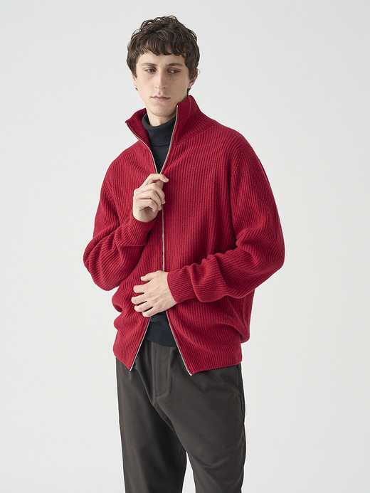 ［Eco Cashmere］カシミヤ混 フルジップスタンドネック長袖ドライバーズニットジャケット | MALLAM | EASY FIT 7G 詳細画像 VERMILLION 9