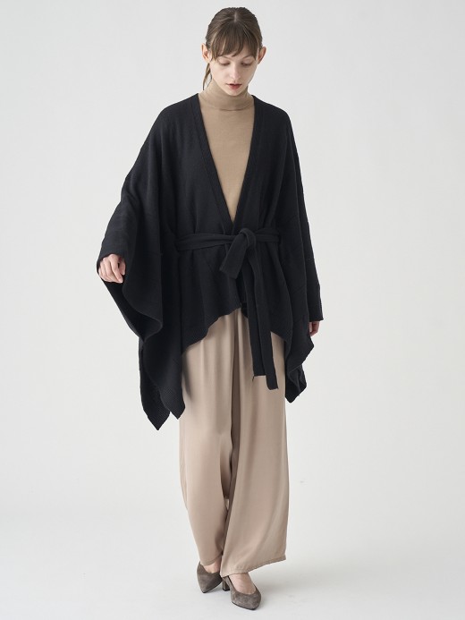 ［Eco Cashmere］カシミヤ混 ベルト付ニットポンチョ | MERIEL | 7G 詳細画像 BLACK 1