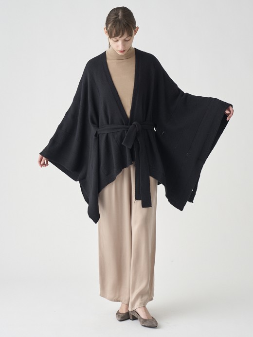 ［Eco Cashmere］カシミヤ混 ベルト付ニットポンチョ | MERIEL | 7G 詳細画像 BLACK 2
