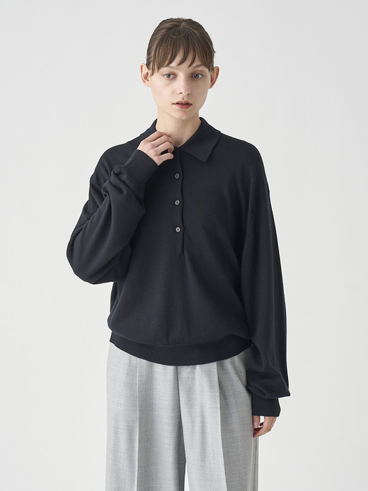 オーバーサイズ長袖ニットポロシャツ | MILBURN | 24G MODERN FIT 詳細画像 BLACK 3