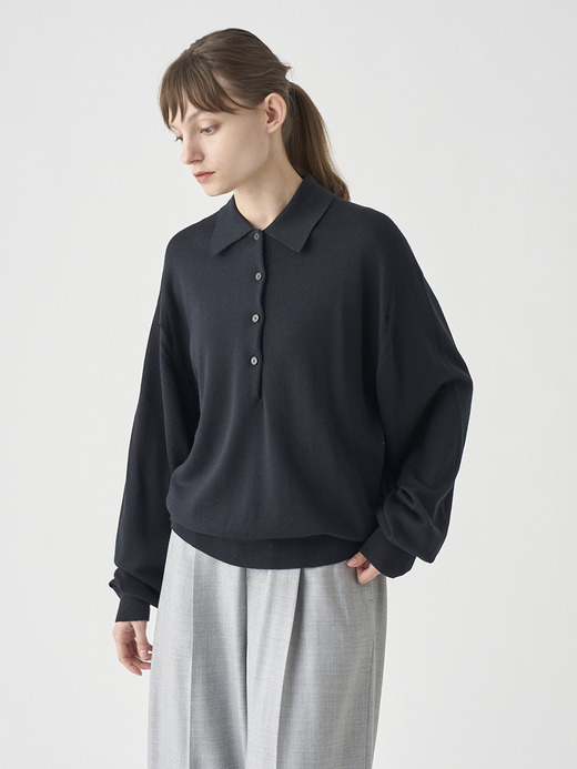 オーバーサイズ長袖ニットポロシャツ | MILBURN | 24G MODERN FIT 詳細画像 BLACK 4