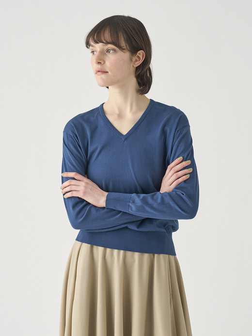 Ｖネック長袖コットンニットプルオーバー | ANNE | 30G COMMON FIT 詳細画像 DELFT BLUE 5