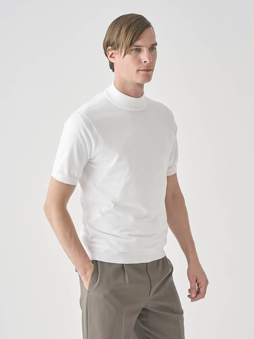 モックネック半袖コットンニットＴシャツ | ARBER | 30G MODERN FIT 詳細画像 WHITE 3