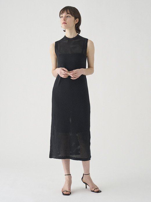 コットン透かしレース編みロングニットワンピース | HERSTON | 24G 詳細画像 BLACK 1