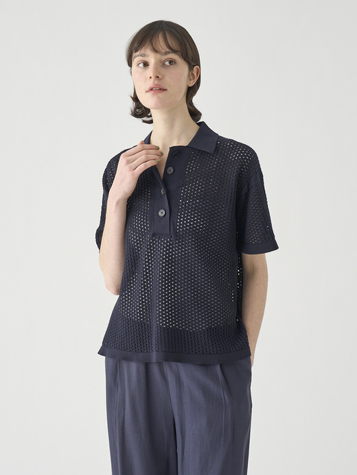 コットン透かしレース編みオーバーサイズニットポロシャツ | MATHIE | 24G 詳細画像 NAVY 1