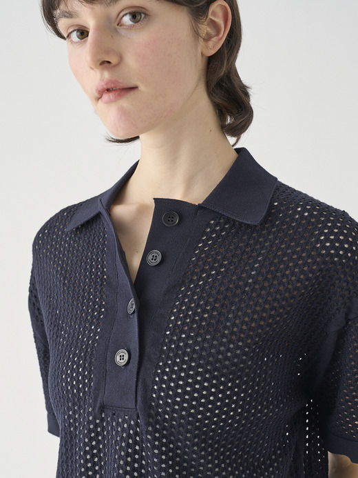 コットン透かしレース編みオーバーサイズニットポロシャツ | MATHIE | 24G 詳細画像 NAVY 10