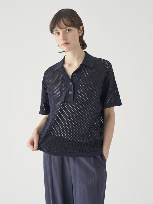 コットン透かしレース編みオーバーサイズニットポロシャツ | MATHIE | 24G 詳細画像 NAVY 3