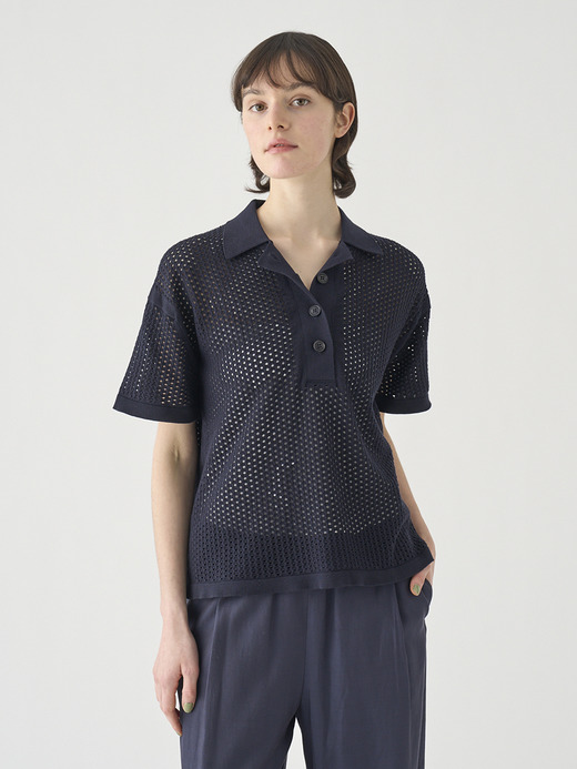 コットン透かしレース編みオーバーサイズニットポロシャツ | MATHIE | 24G 詳細画像 NAVY 5