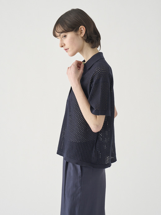 コットン透かしレース編みオーバーサイズニットポロシャツ | MATHIE | 24G 詳細画像 NAVY 7