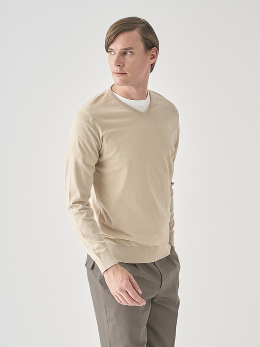 Ｖネック長袖コットンニットプルオーバー | OSMOND | 30G MODERN FIT 詳細画像 ALMOND 1