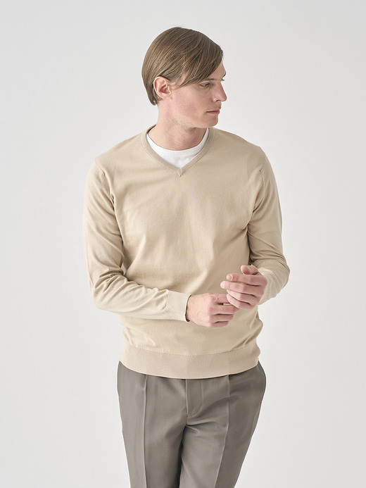 Ｖネック長袖コットンニットプルオーバー | OSMOND | 30G MODERN FIT 詳細画像 ALMOND 5