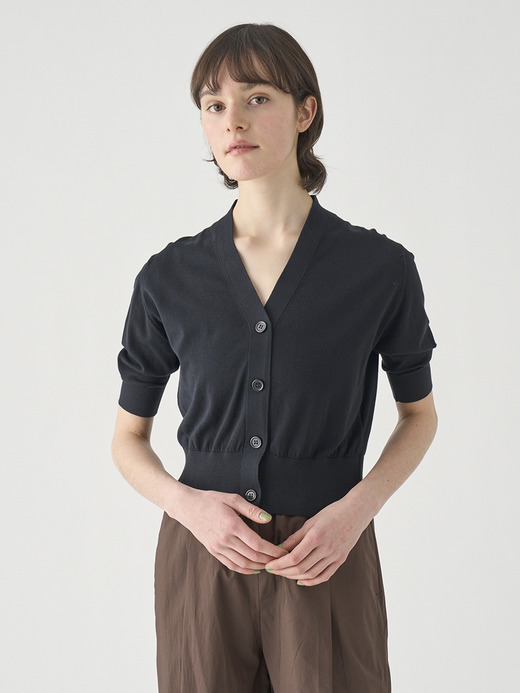 Ｖネック５分袖クロップドコットンニットカーディガン | S4741 | 30G 詳細画像 BLACK 3